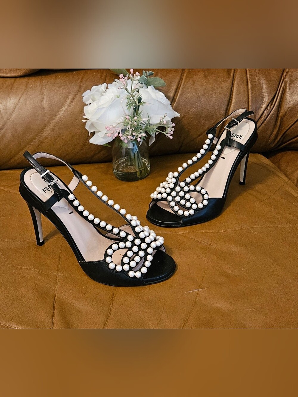 Fendi Black Leather Pearl-Embellished Slingback Sandals Size 5 US